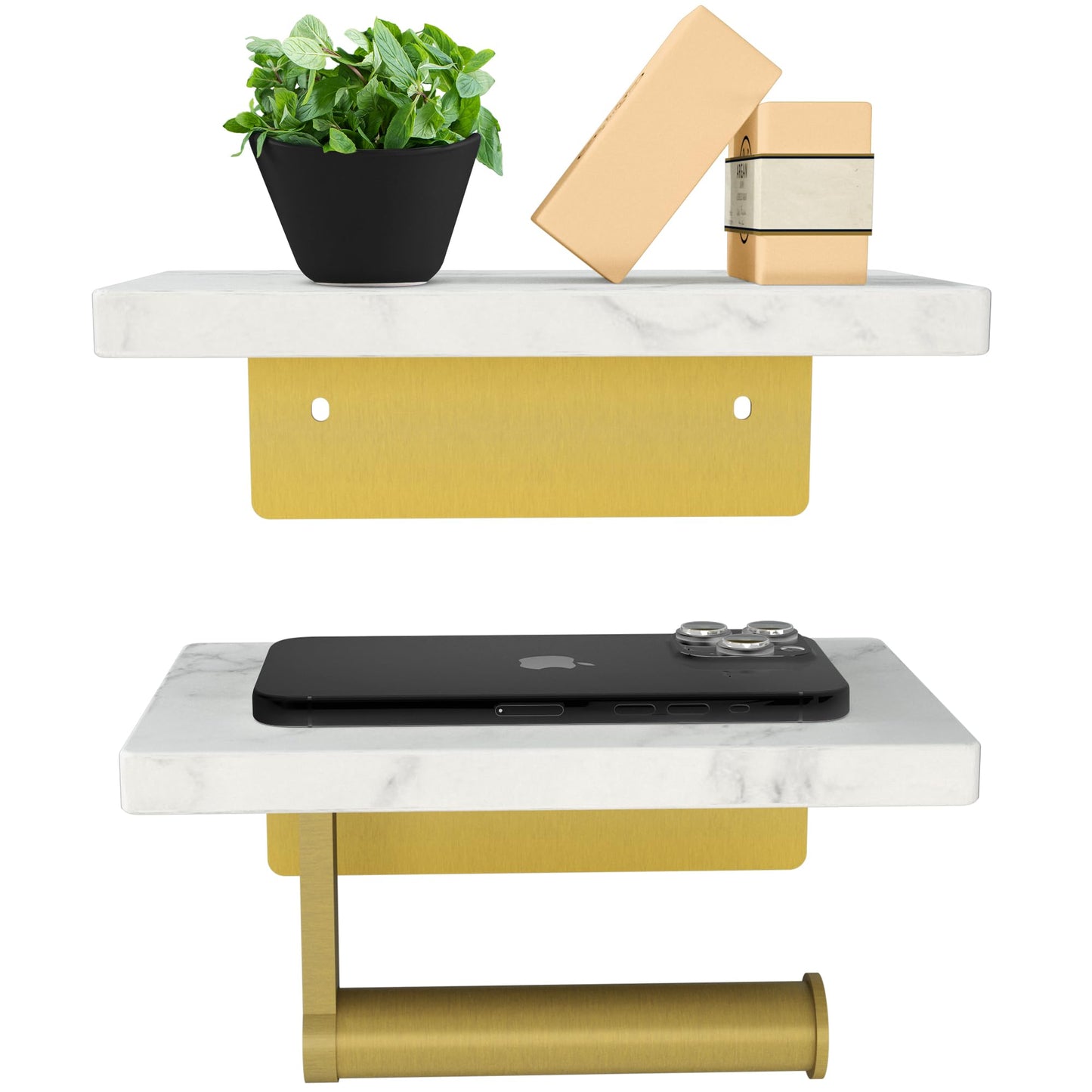 Double SHELVE Toilet Paper Holder with Natural Marble Shelf, Screw Wall Mounted, Tissue Roll Holder for Bathroom Gold