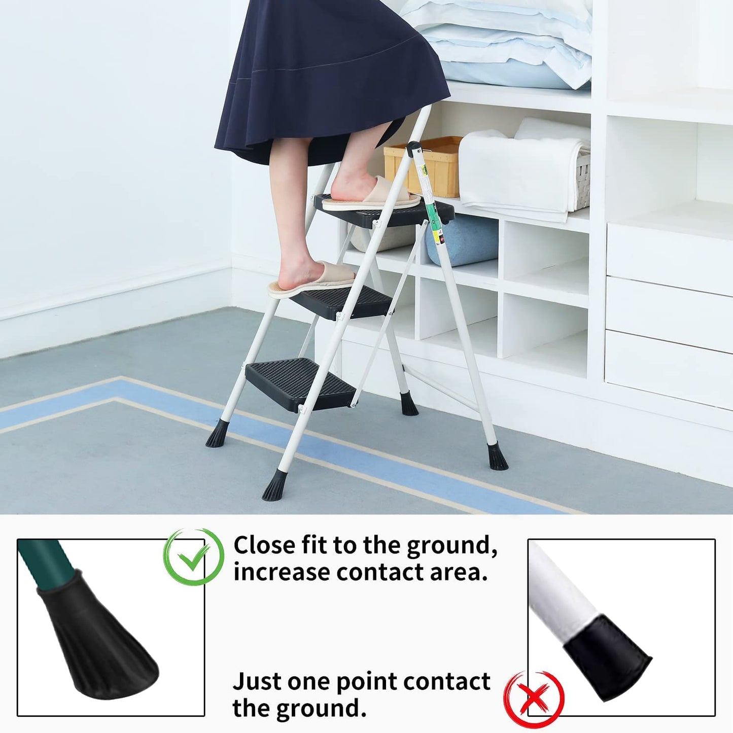 3 Step Ladder, RIKADE Folding Step Stool, Step Stool with Wide Anti-Slip Pedal, Lightweight, Portable Folding Step Ladder with Handgrip, Multi-use Steel Ladder for Household and Office