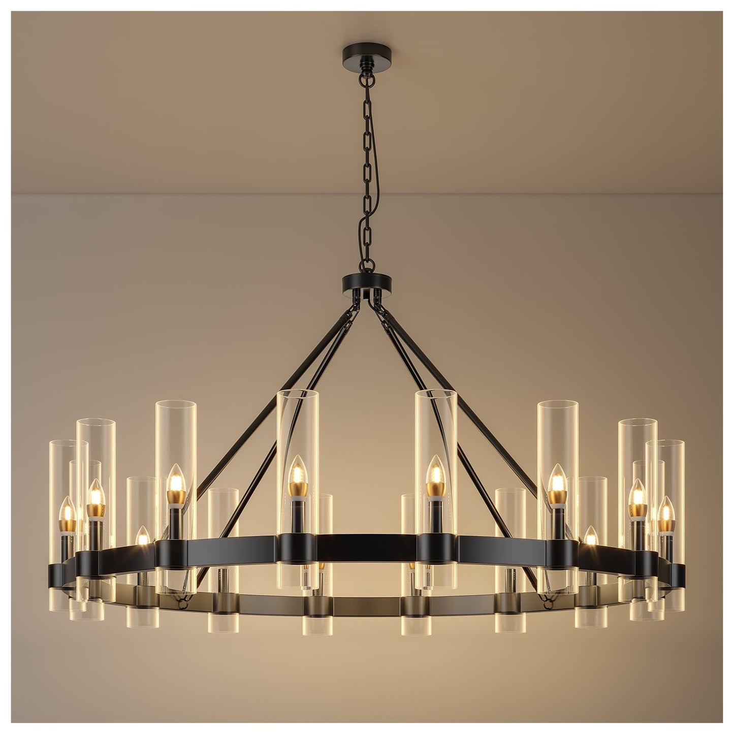 48" Black Wagon Wheel Chandelier with Glass Shade