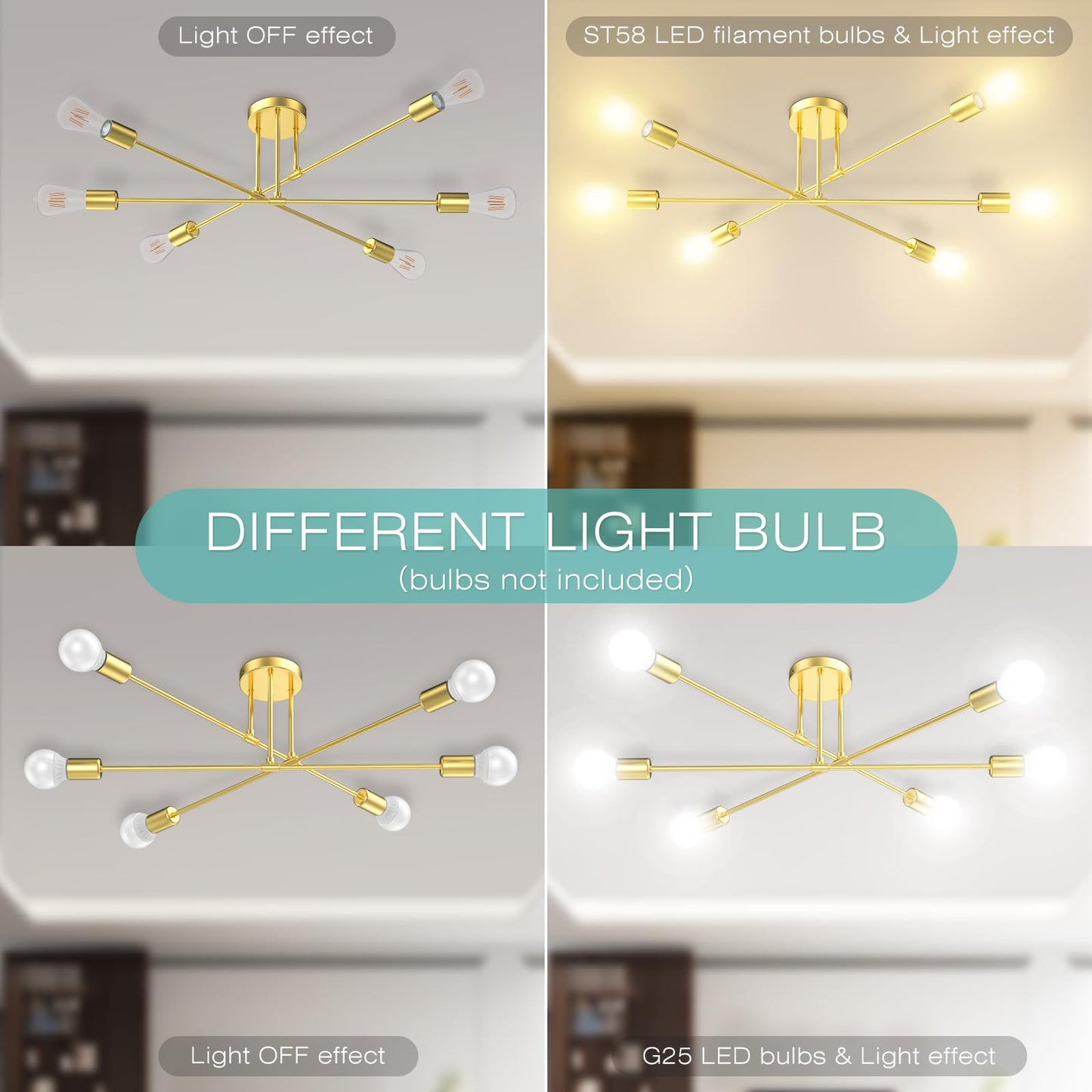 Sunwish Sputnik Chandelier, 6-Light Gold Flush Mount Ceiling Light Fixture Dining Room, Modern Chandeliers for Bedroom Lights with E26 Base, Bulbs Not Included (Gold- 6 Light)