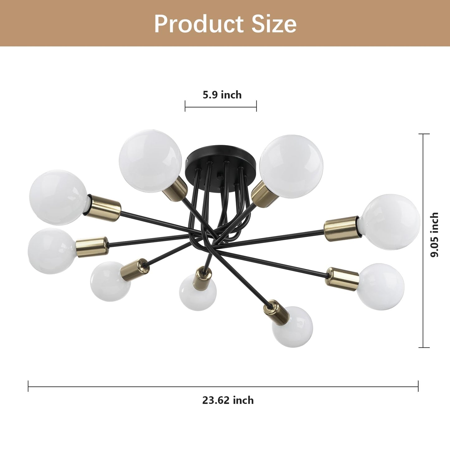 FRIDEKO HOME Modern Sputnik Ceiling Light- 9 Light Semi Flush Mount Ceiling Light Fixture Industrial Ceiling Lamp Black and Gold Chandelier for Farmhouse Kitchen Dining Room Bedroom Living Room