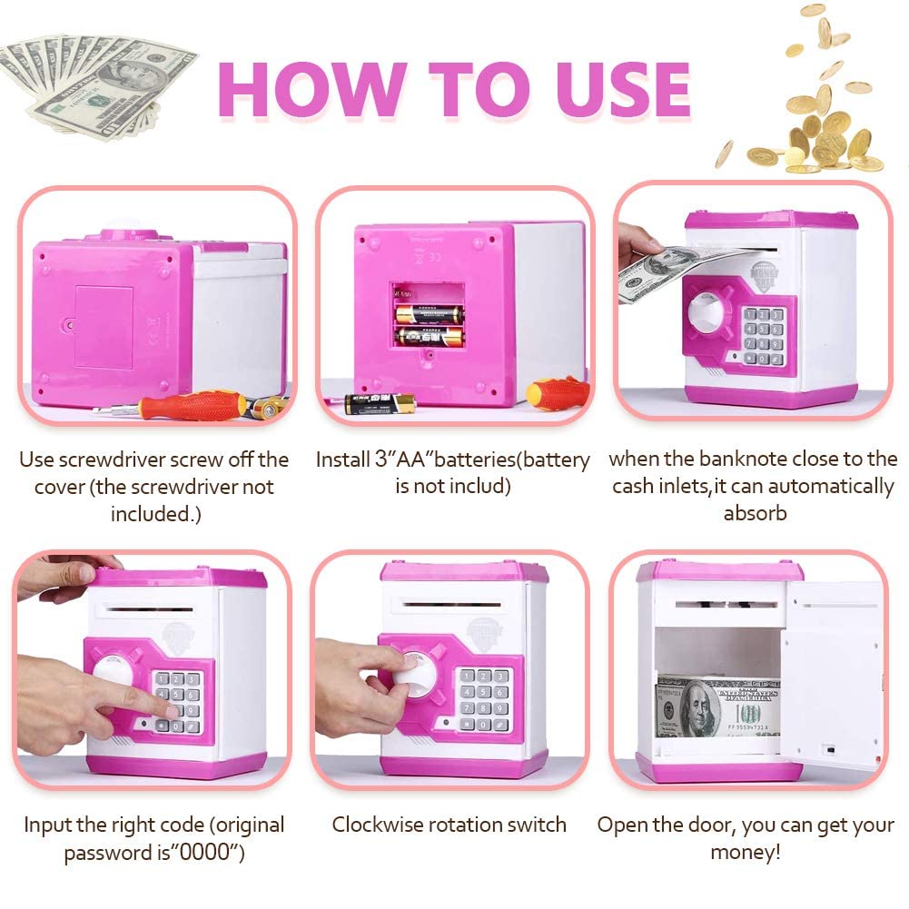 Barelove Piggy Bank Kids Money Bank Cash Coin Can, Password Electronic Saving Box ATM Bank Safe Locks Smart Voice Prompt Money Piggy Box, Great Gift for Child Kid Birthday Chirstmas (Cute Pink)