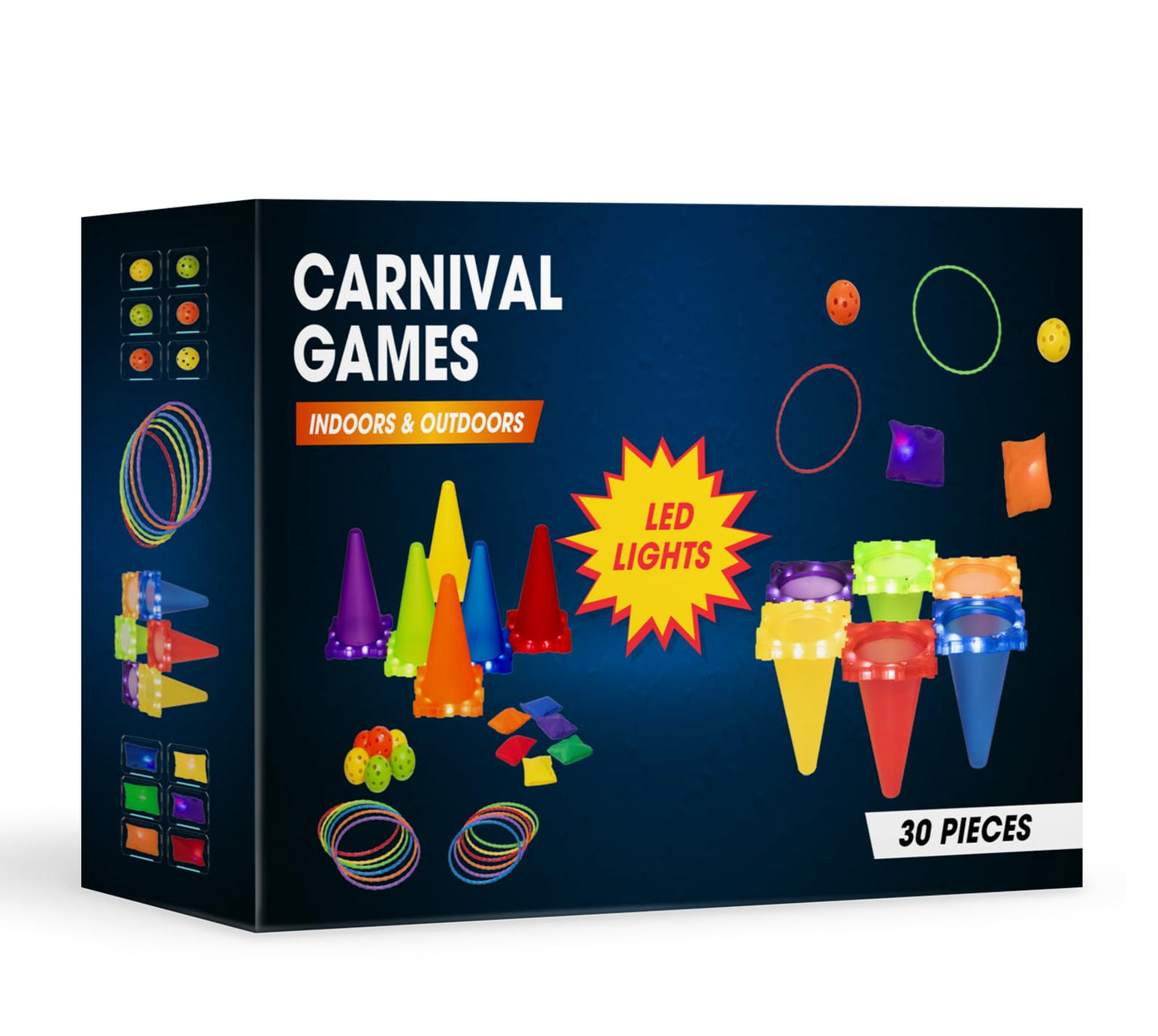 Carnival Outdoor and Indoor Games with LED Lights Combo Set for Kids 3 in 1 Throwing Game Toys Ring Toss, 30 Piece Cornhole Bean Bags, Plastic Cone Games, with LED Lights for Kids Night Play