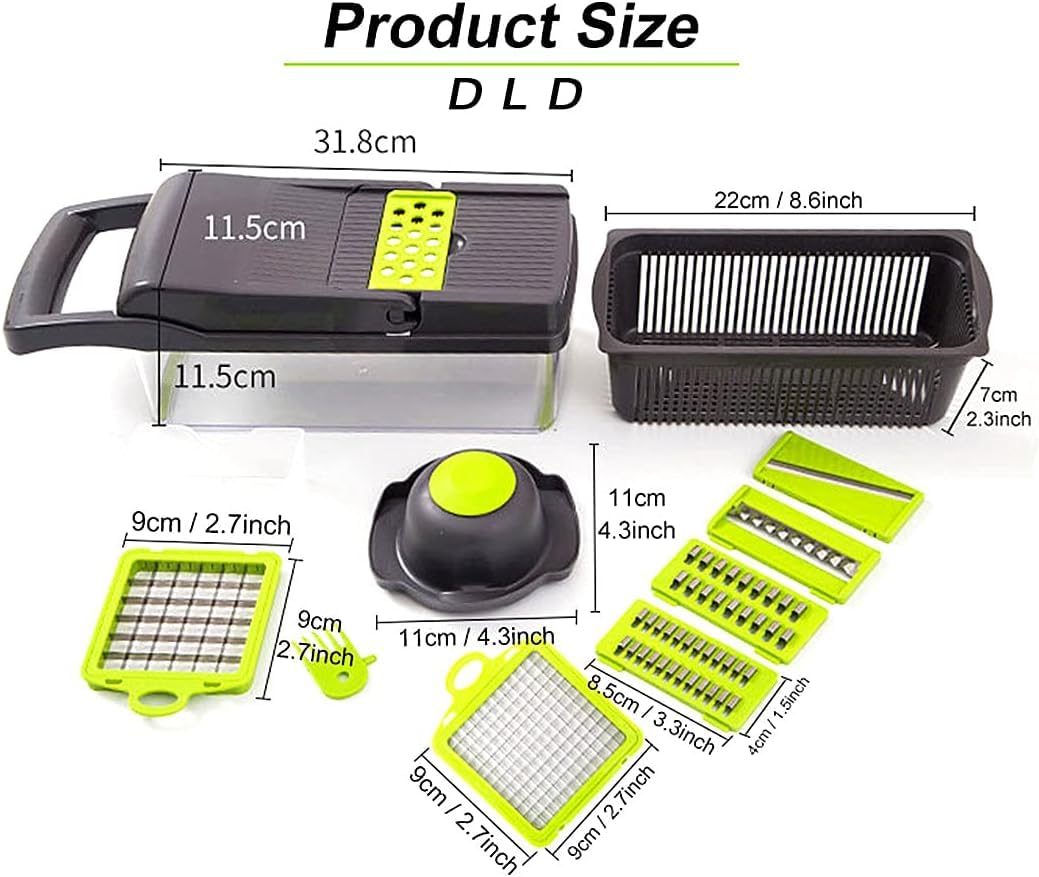 DLD Vegetable Chopper, 12 in 1 Professional Mandoline Slicer for Kitchen, Multifunctional Food Chopper Cutter for Onion, Potato, Tomato, Veggie with 8 blades and Strainer Basket (Gray)
