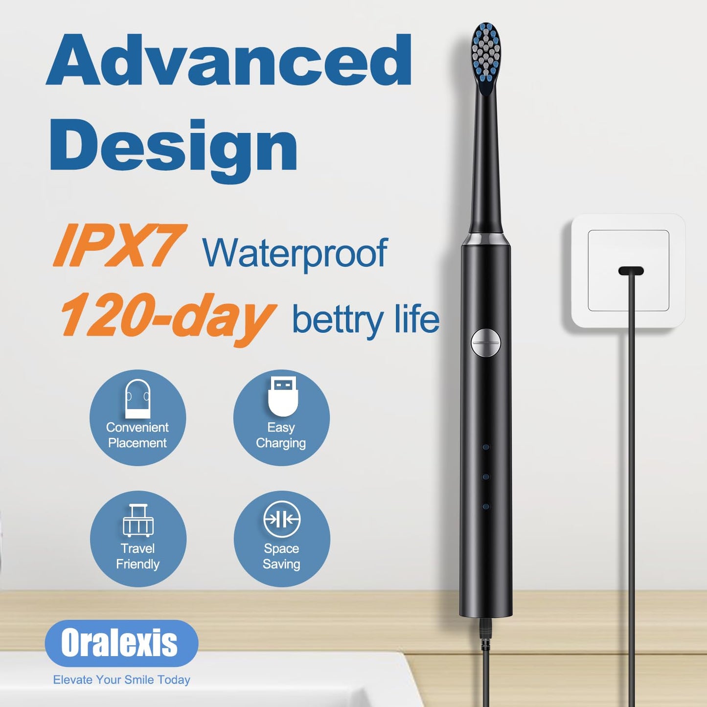 ORALEXIS Electric Toothbrush for Adults and Kids, with Tongue Scraper and 8 Brush Heads, One Fast Charge Last 120 Days, 40000 VPM Deep Clean, Sonic Travel Toothbrush