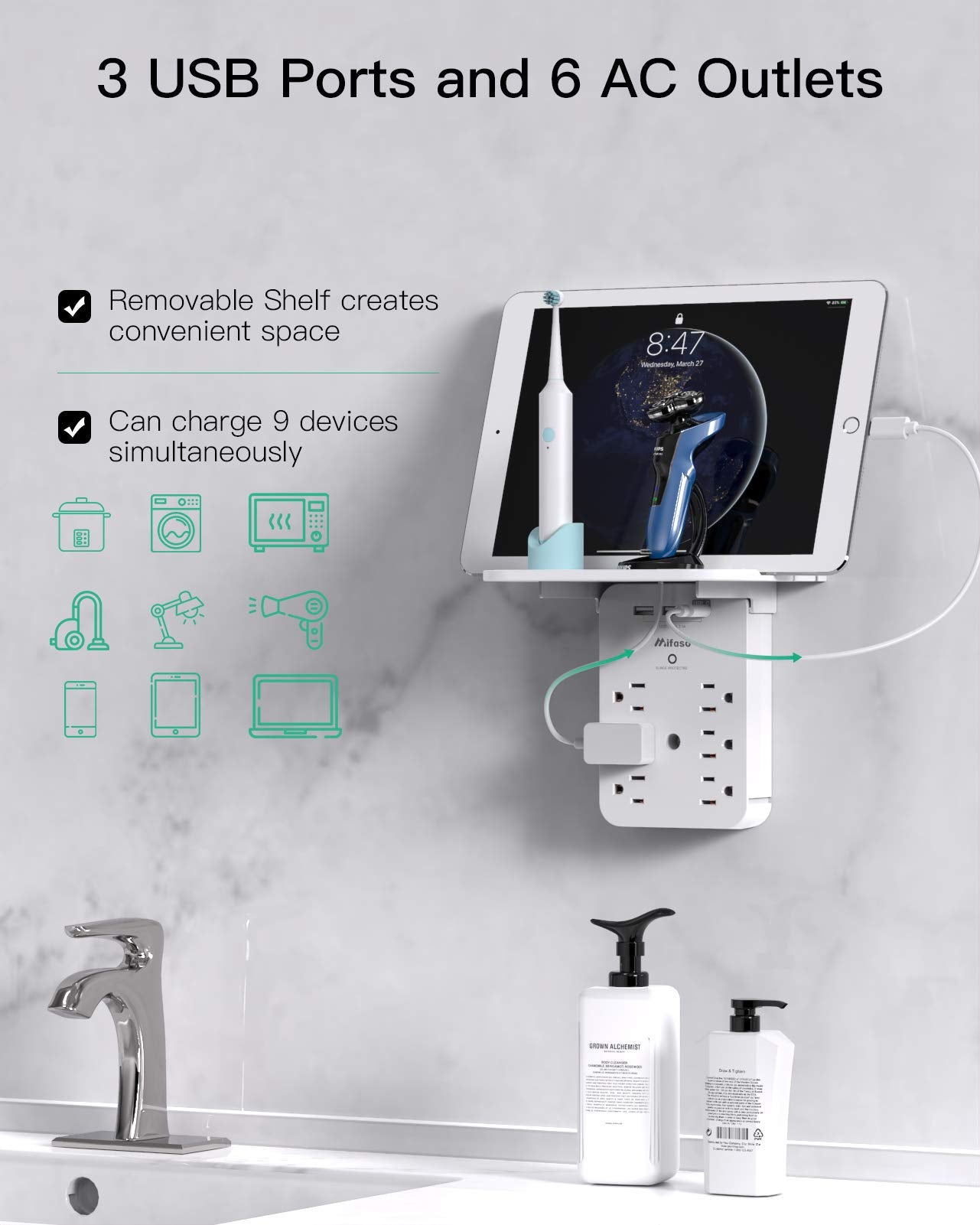 Wall Outlet Extender with USB & Surge Protection