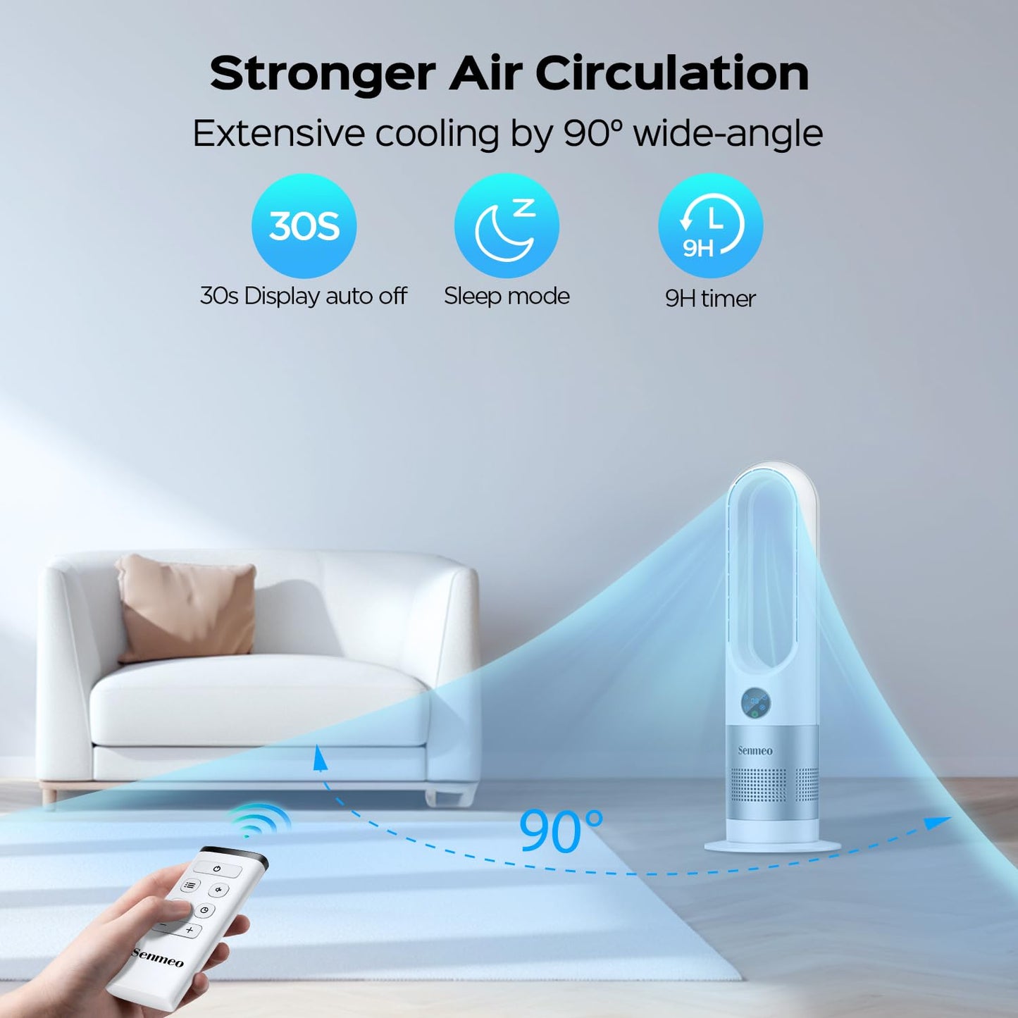 Senmeo Bladeless Fan, 26" Bladeless Tower Fan with Remote, 8 Speeds, 90ยฐ Oscillation, 9 Hour Timer, Large LED Display with Auto Off, Easy to Clean, Standing Floor Fan for Bedroom, Home, Office