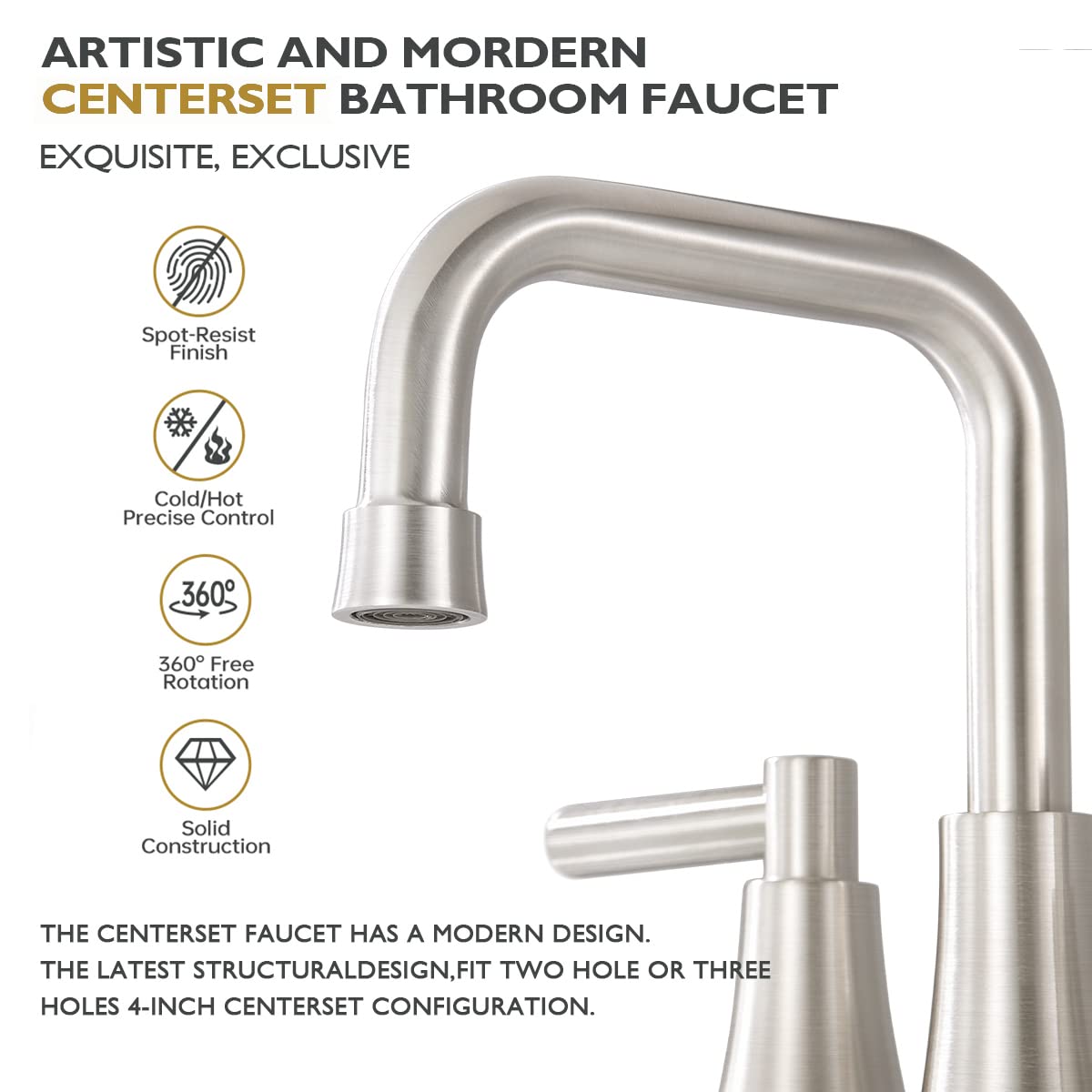 ARRISEA Brushed Nickel Bathroom Faucet 3 Hole 4 Inch Centerset Bathroom Sink Faucet with Pop-up Drain, 2 Handle Centerset Faucet for Bathroom Sink, BF068-1-BN