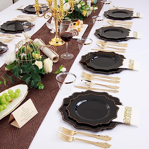 COLOSUS 175PCS Black Plastic Party Plates Set