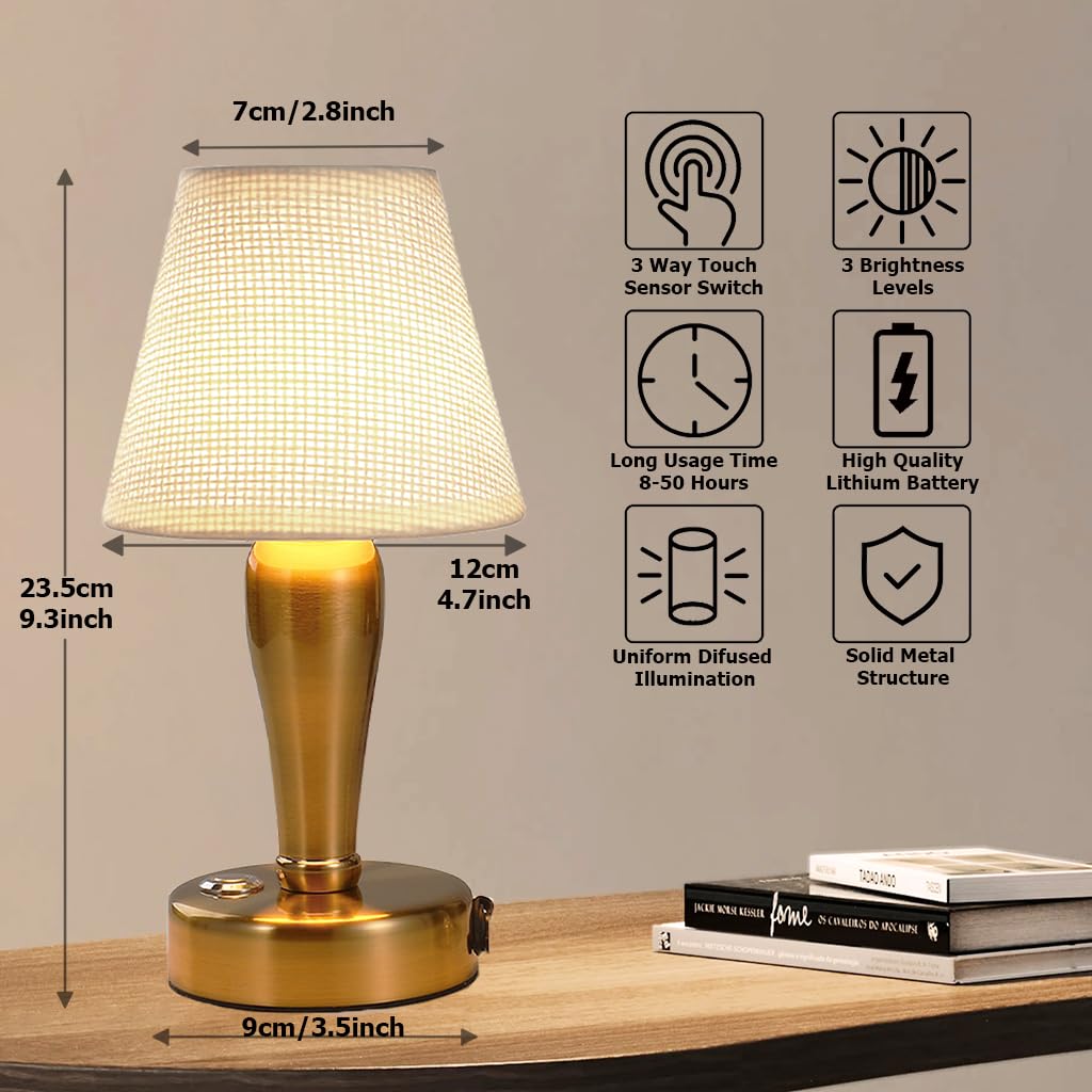 CHOPDARK 9.3inch Golden Cordless Table Lamp Night Light LED Desk Lamps Battery Powered Rechargeable Portable Bedside Lamp Restaurant Touch Sensor 3 Levels Brightness