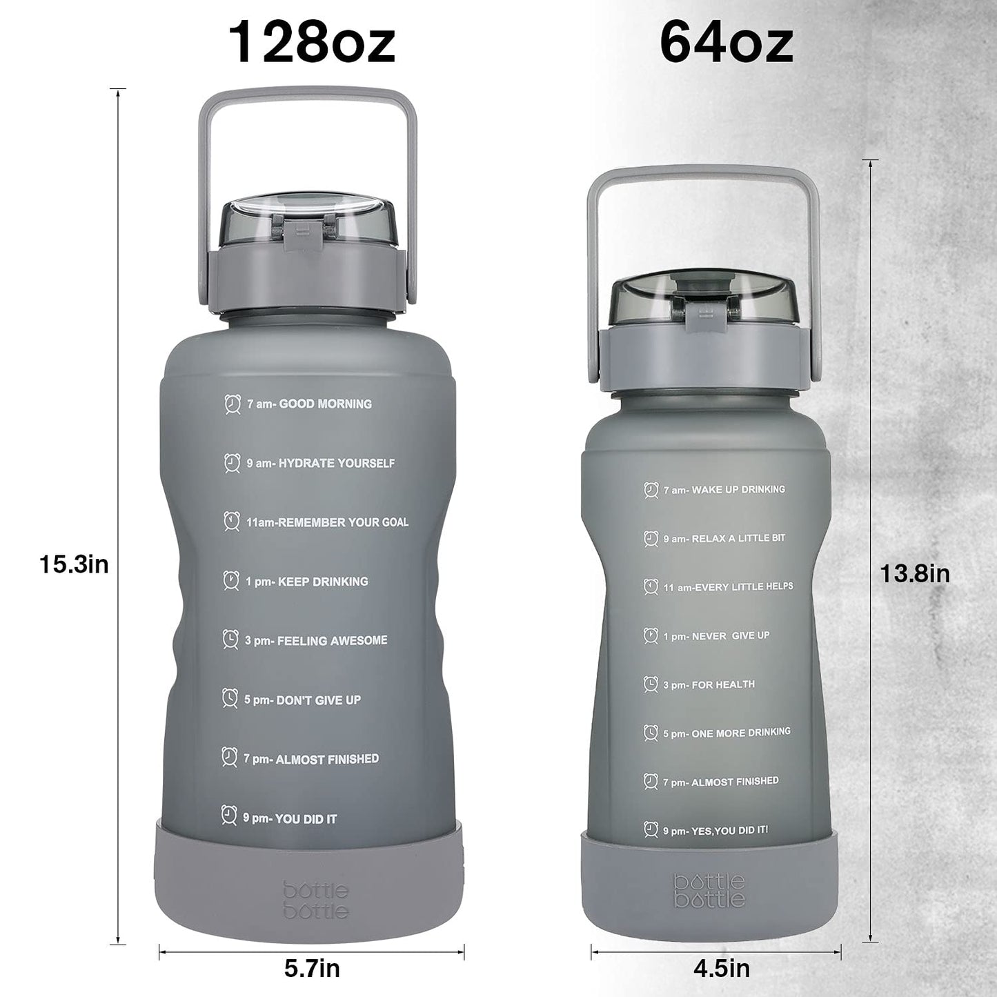 BOTTLE BOTTLE 64 OZ Gallon Motivational Water Bottle with Time Marker Straw & Protective Silicone Boot Workout Water Bottle for Adults and Kids Camping Half Gallon Water Jug (Gray)