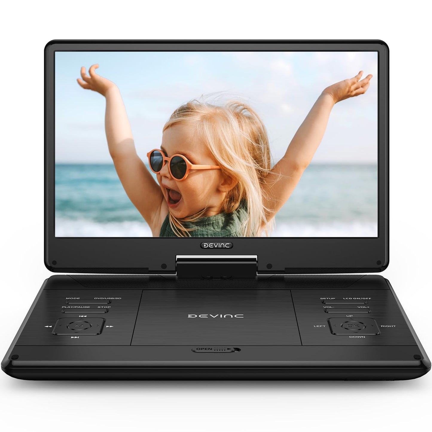 DEVINC 16.9" Portable DVD Player with 14.1" Large HD Screen, Support Multiple DVD CD Formats/USB/SD Card, 6 Hours Rechargeable Battery, Sync TV, Dual Speakers, Car DVD Player, Regions Free