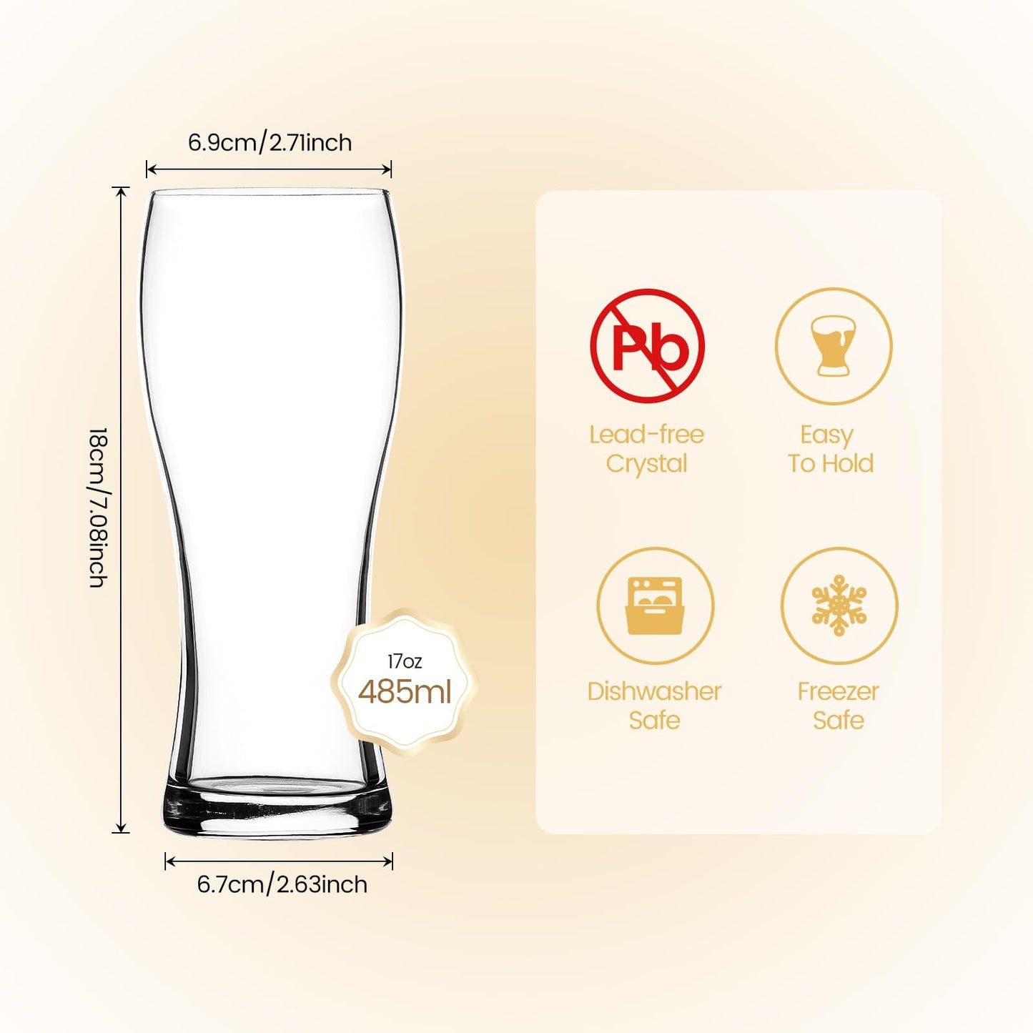 Beer Glasses Set of 4, 17 OZ Pilsner