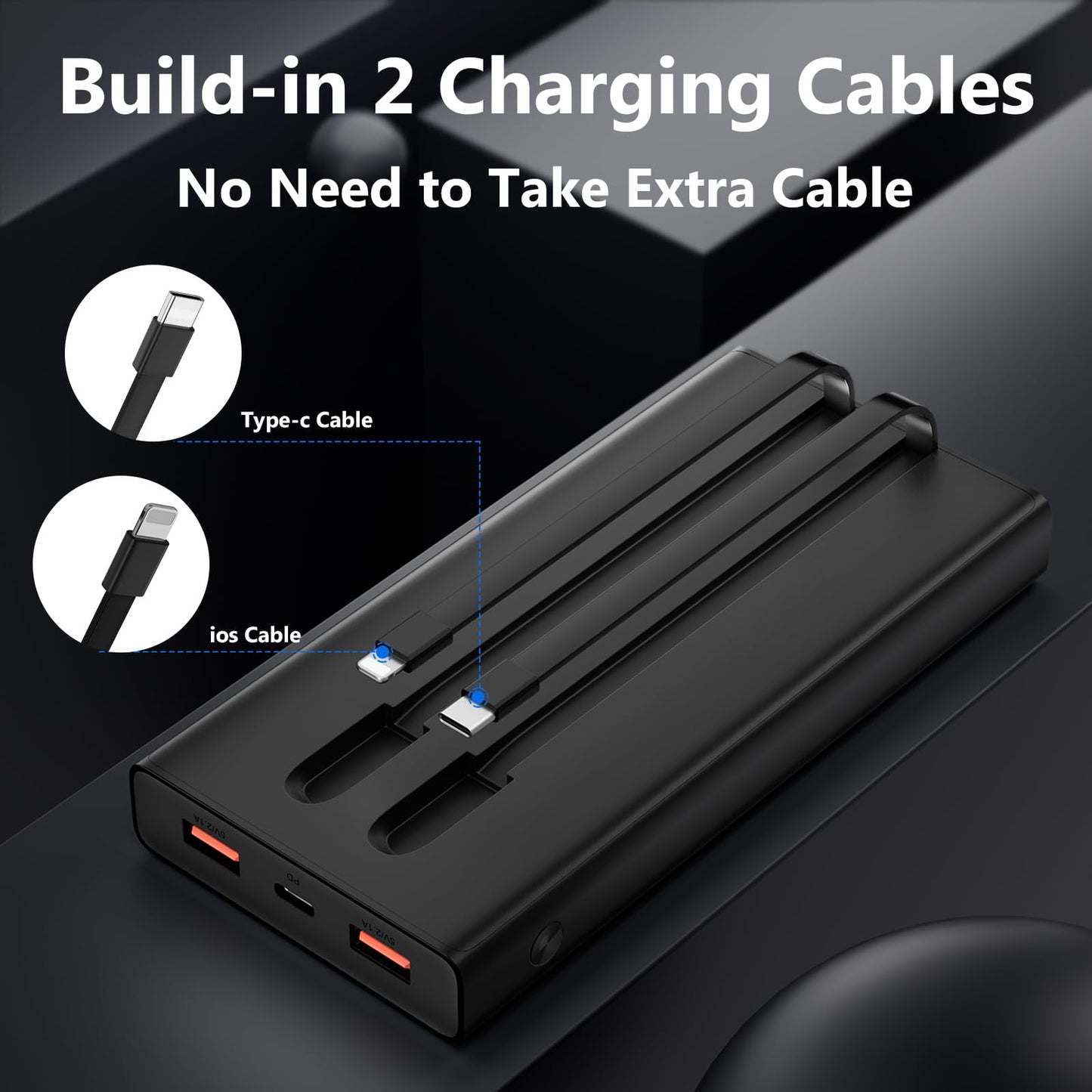 Portable 13000mAh Power Bank with Built-in Cables