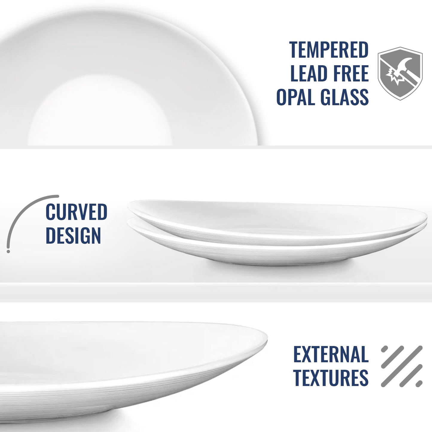 Bormioli Rocco Prometeo Set Of 6 Dessert Plates, 8.75" X 7.5" Tempered Opal Glass, Clean White, Curved Design With External Textures Dinnerware.