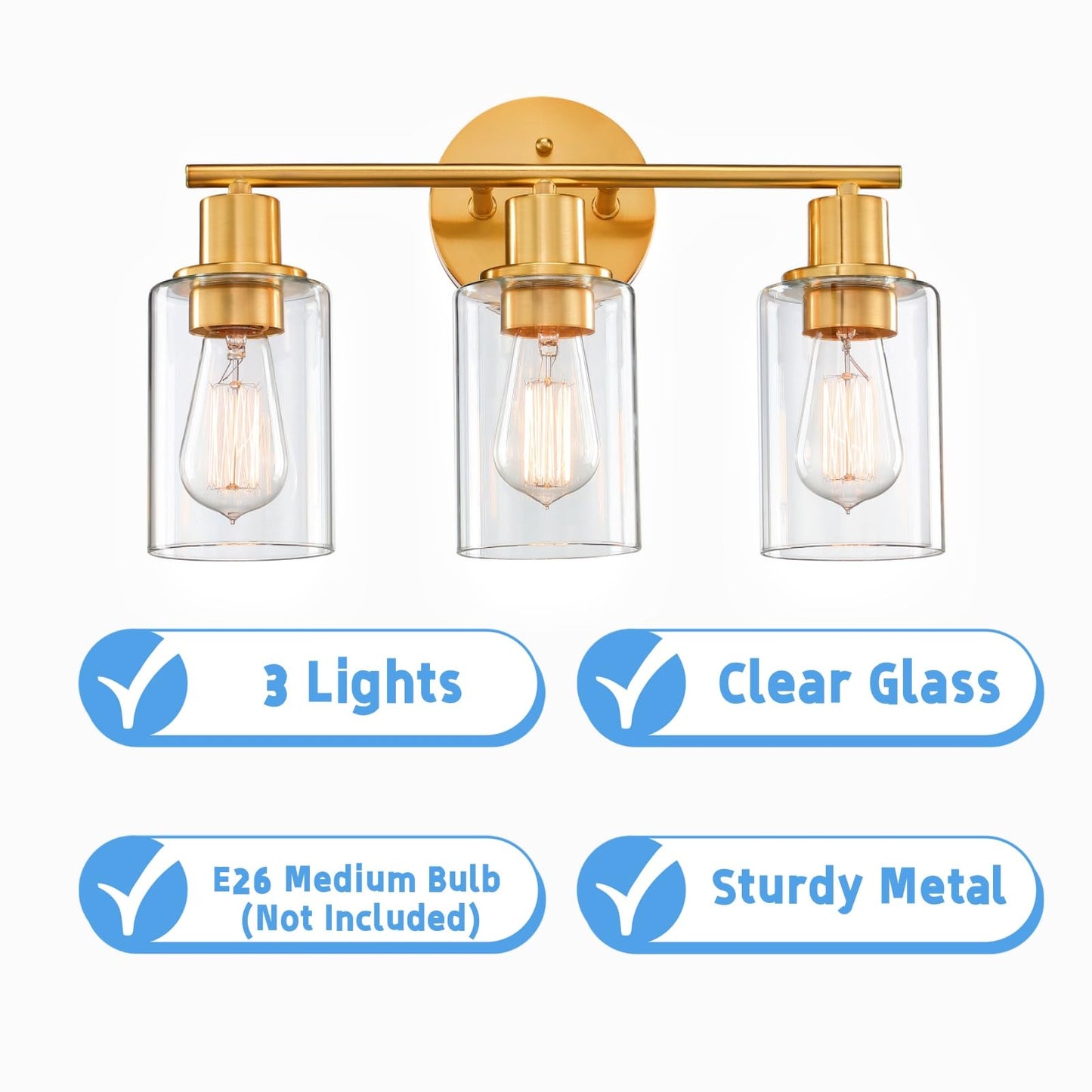 WISBEAM 3-Light Bathroom Vanity Light Over Mirror, Gold Bathroom Wall Sconce with Clear Glass Shade Including E26 Medium Base, Bulb NOT Included