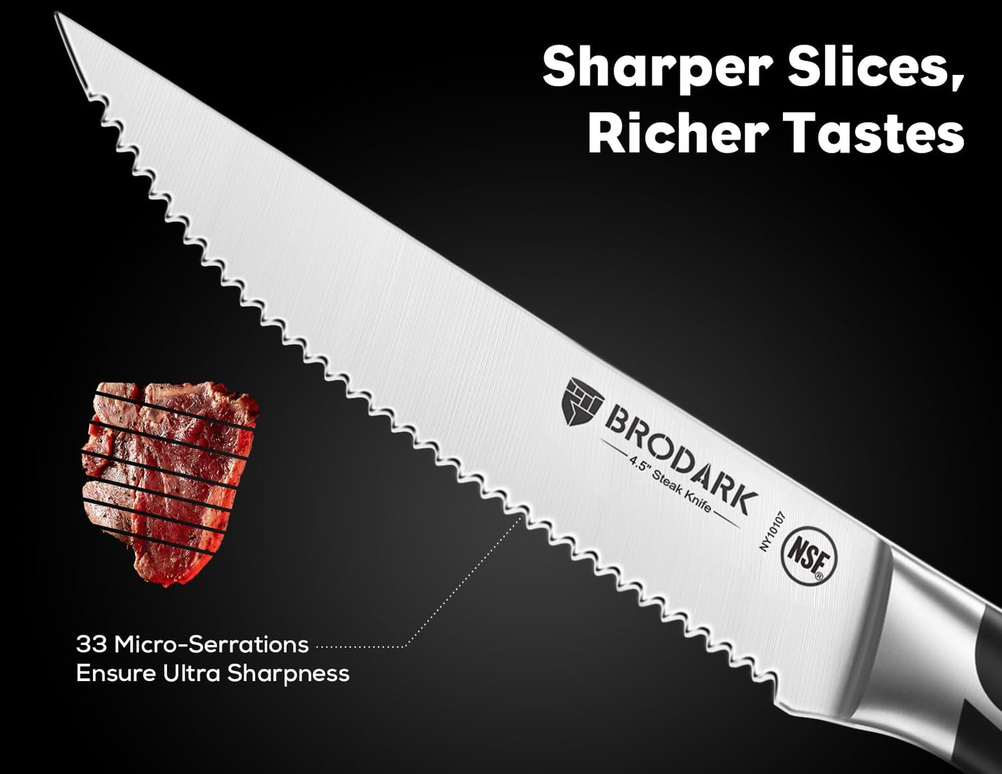 BRODARK Steak Knives Set of 8, Serrated Steak Knives with Full Tang Handle, High Carbon Stainless Steel Steak Knife Set, NSF Certified, Steel-King Series
