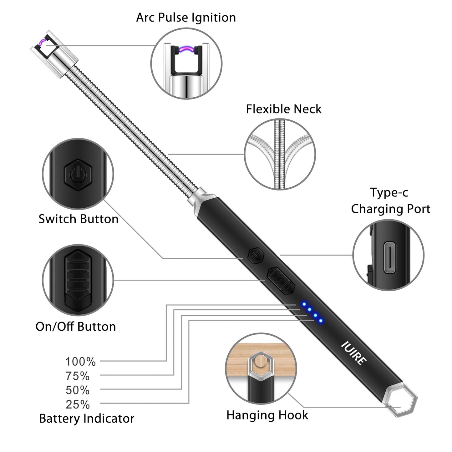 IUIRE Candle Lighter Electric Rechargeable Arc Lighter with LED Battery Display Long Flexible Neck USB C Lighter (Grey)
