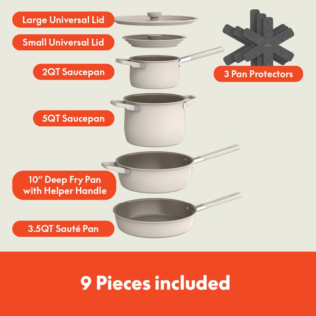 BELLA 9-Piece Nonstick Cookware Set, Stackable Design
