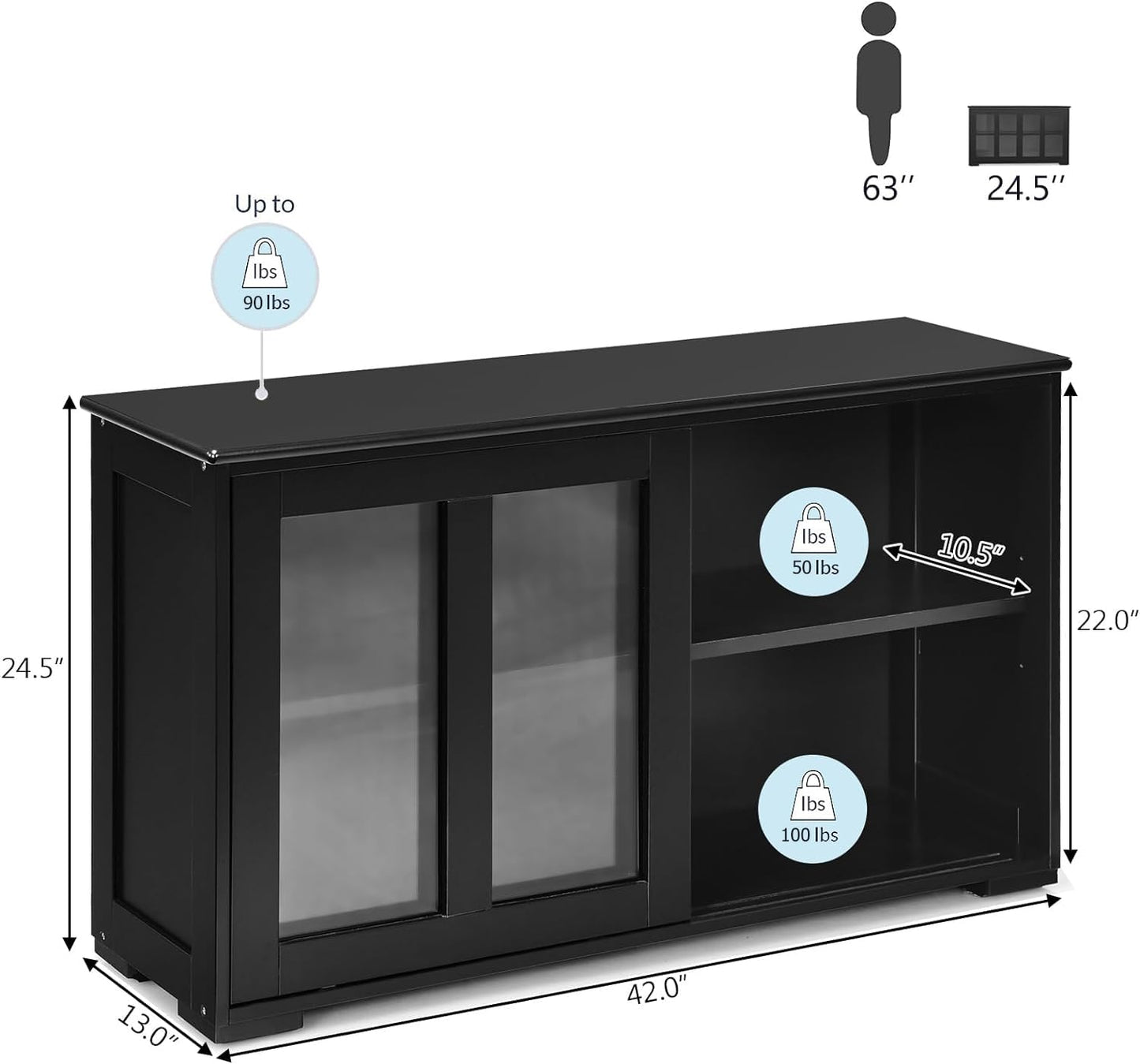 Byroce Sideboard Buffet Cabinet, Stackable Storage Coffee Bar Cabinet with Adjustable Shelf & Glass Sliding Doors, Wood Cupboard Credenza Console Table for Kitchen Dining Living Room (1, Black)
