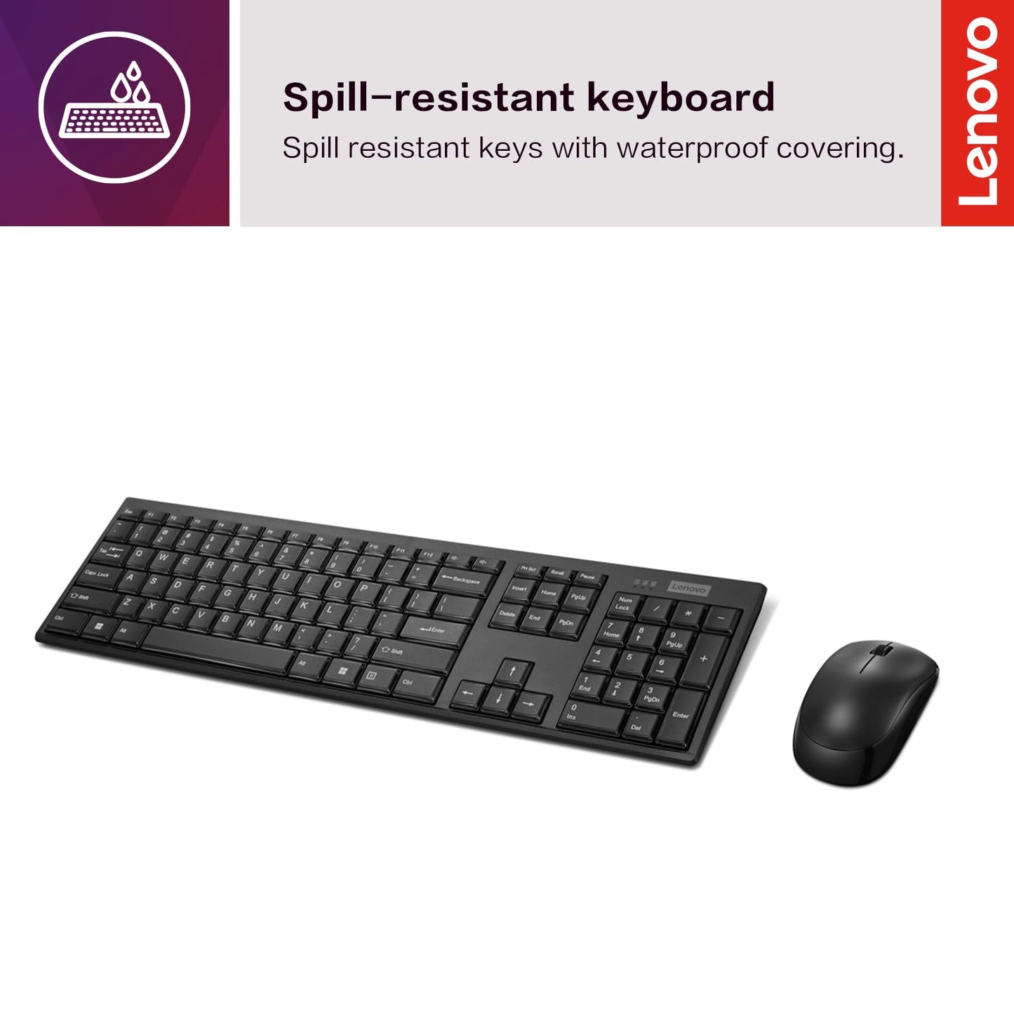 Lenovo 100 Wireless Keyboard and Mouse Combo – Cordless Set with Spill Resistant Quiet Keys – 3-Zone Keyboard - Ambidextrous Mouse – Compact Design – Wireless USB -Black
