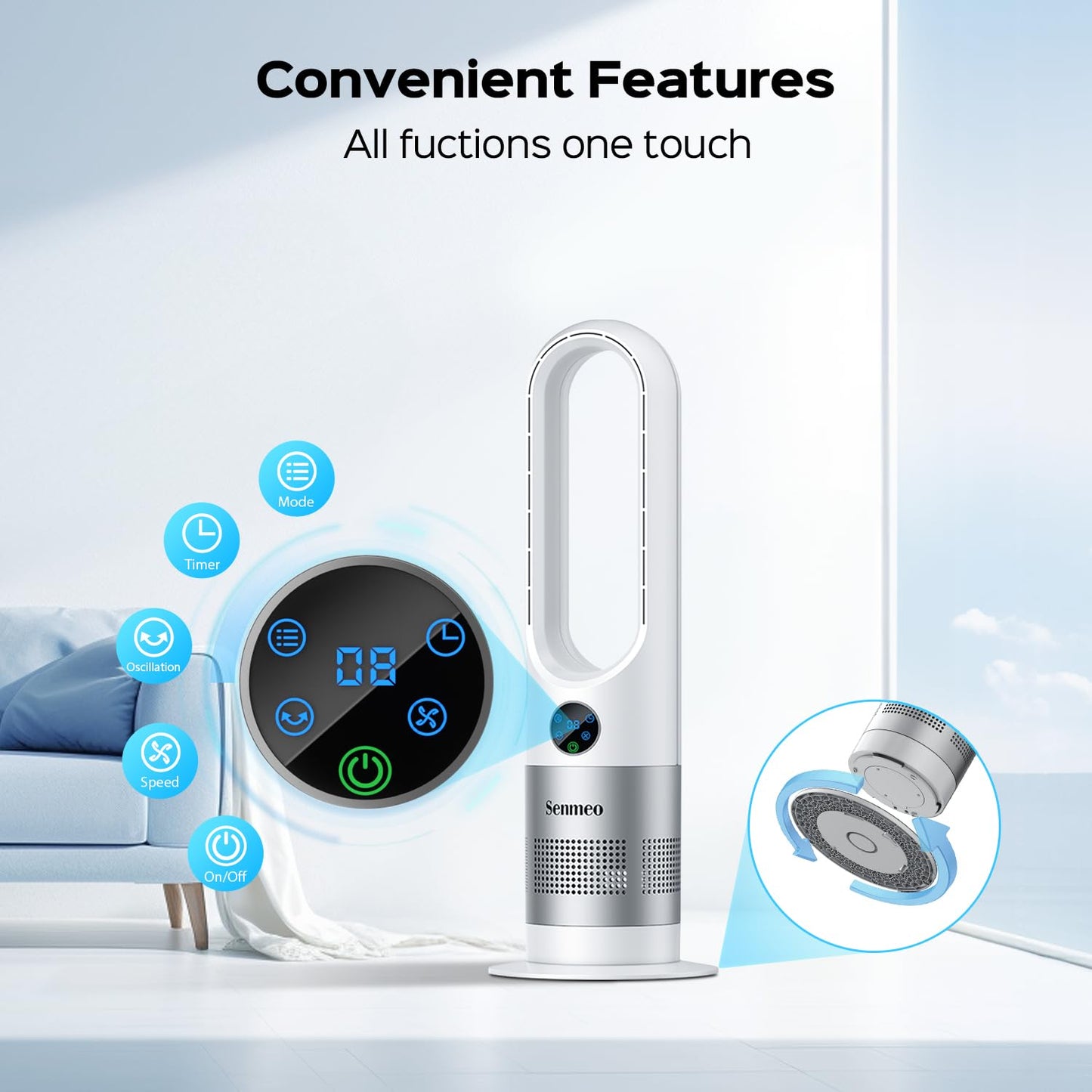 Senmeo Bladeless Fan, 26" Bladeless Tower Fan with Remote, 8 Speeds, 90ยฐ Oscillation, 9 Hour Timer, Large LED Display with Auto Off, Easy to Clean, Standing Floor Fan for Bedroom, Home, Office
