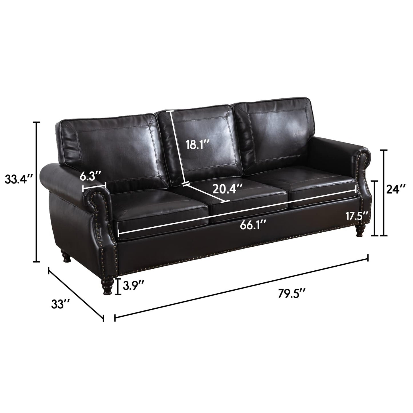 Dreamsir 79'' Traditional Faux Leather Sofa Couch with Nailhead Trim, Classic 3-Seater Couch with Rolled Arms for Living Room, Bedroom, Apartment, Easy Assembly (Charcoal)