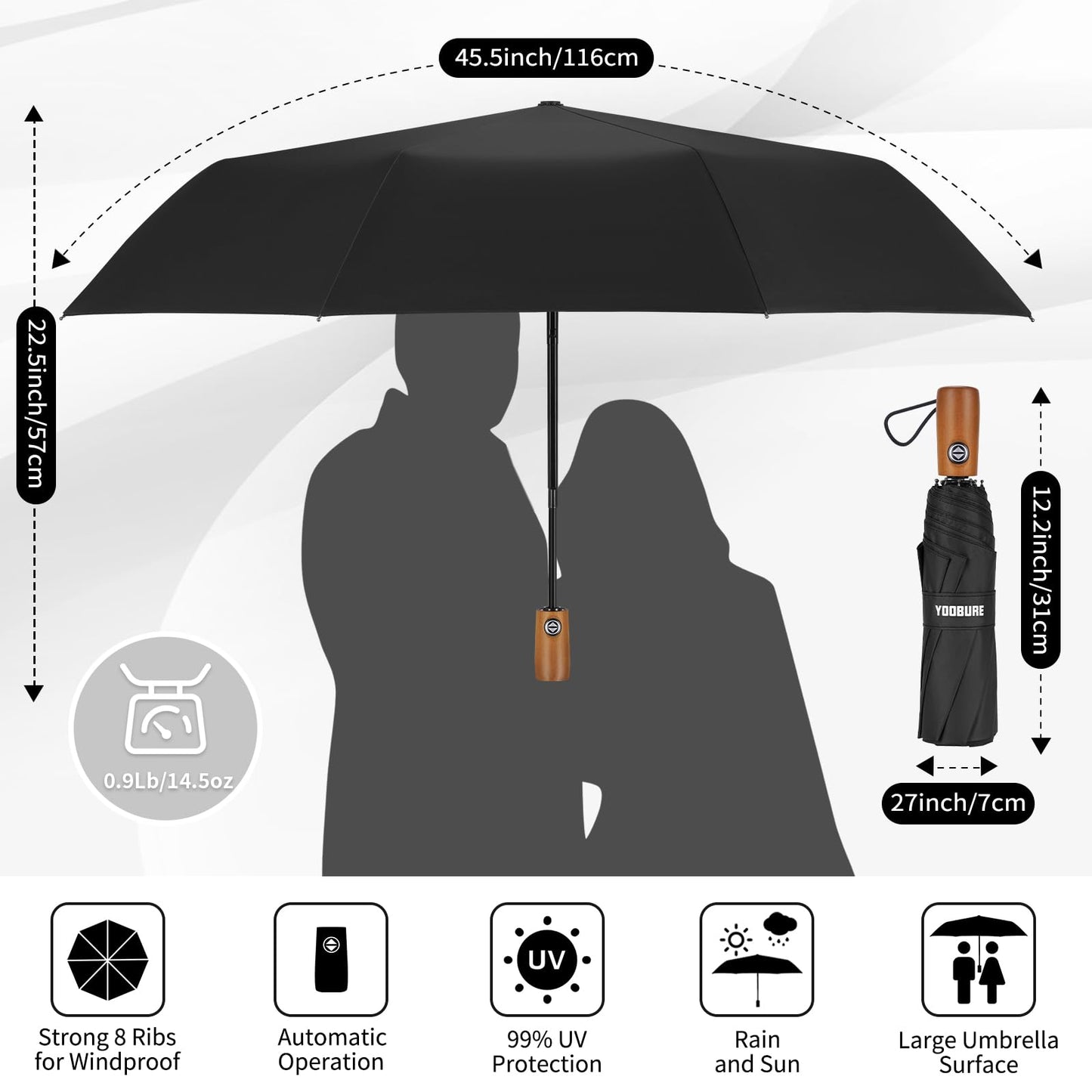 Windproof Travel Umbrella with Wood Handle