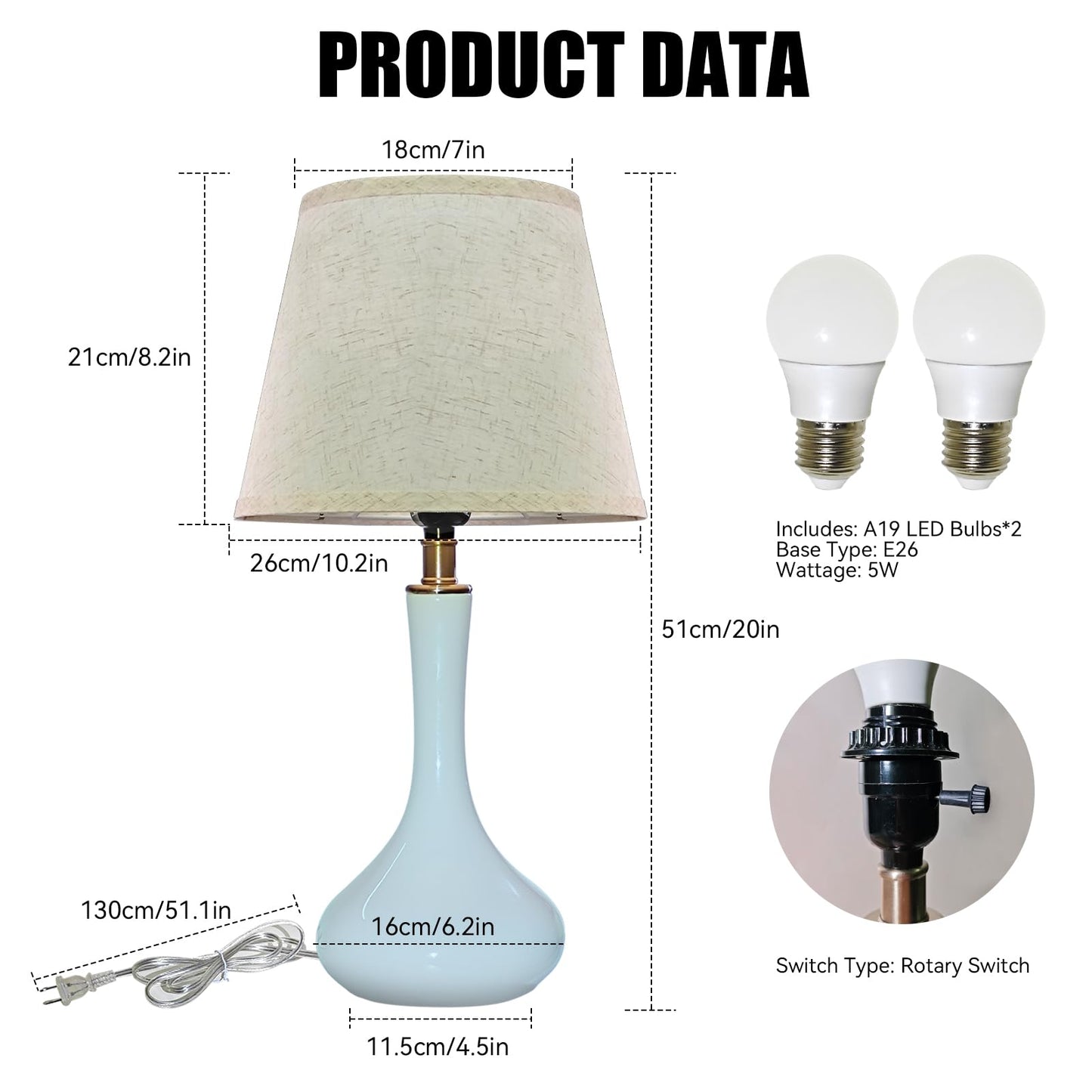 2 Pack Modern Ceramic Table Lamps with Bulbs