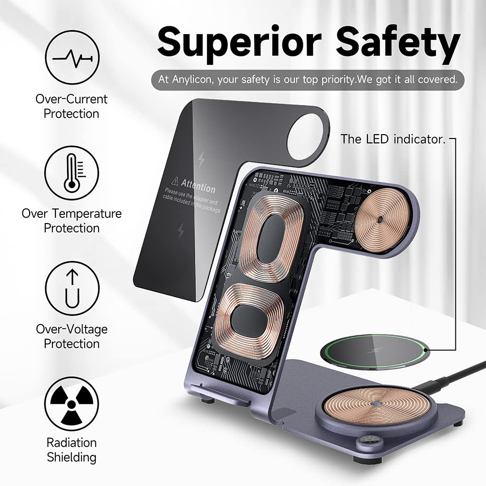 Wireless Charger, Aluminum Alloy 3 in 1 Wireless Charging Station for Apple iPhone/iWatch/Airpods,iPhone15 14,13,12,11 (Pro, ProMax)/XS/XR/XS/X/8(Plus),iWatch8/7/6/SE/5/4/3/2,AirPods 3/2/pro