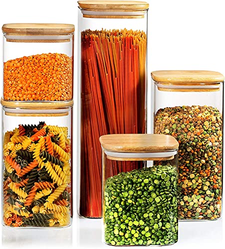 5 Pack Glass Kitchen Canisters Airtight Bamboo Lid