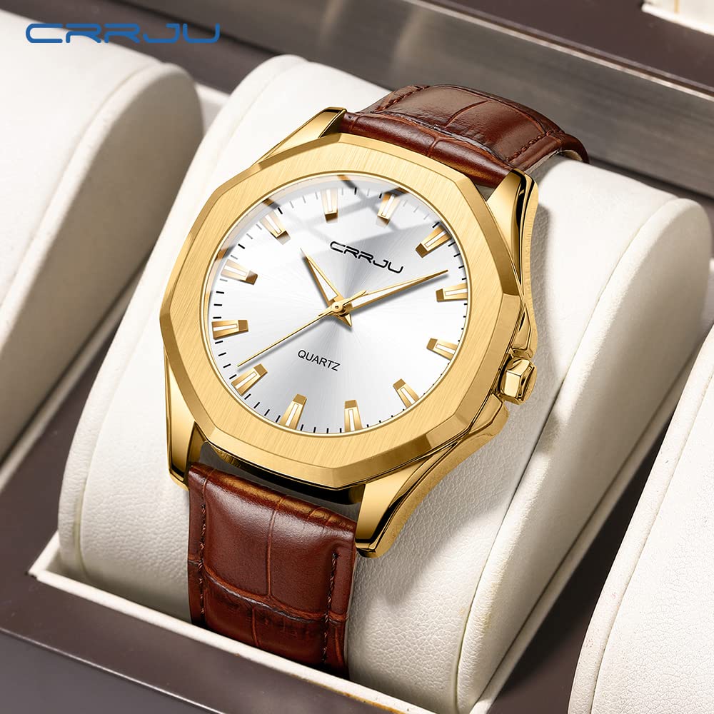 CRRJU Men's Golden Fashion Luxury Classical Leather Watches for Men Business Simple Luminous Analog Quartz Wristwatches