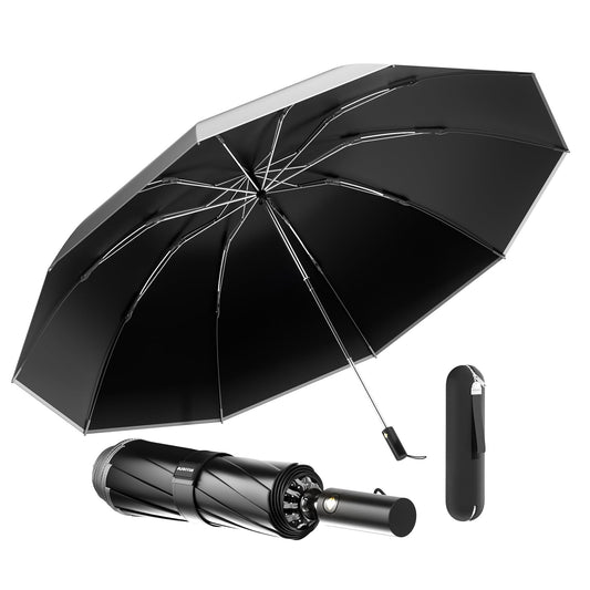 MJOFFIN Travel Inverted Umbrella,Large Windproof Umbrellas for Rain,Compact Auto Umbrella with Reflective Strip,Travel Reverse Folding Umbrella with case(Black)