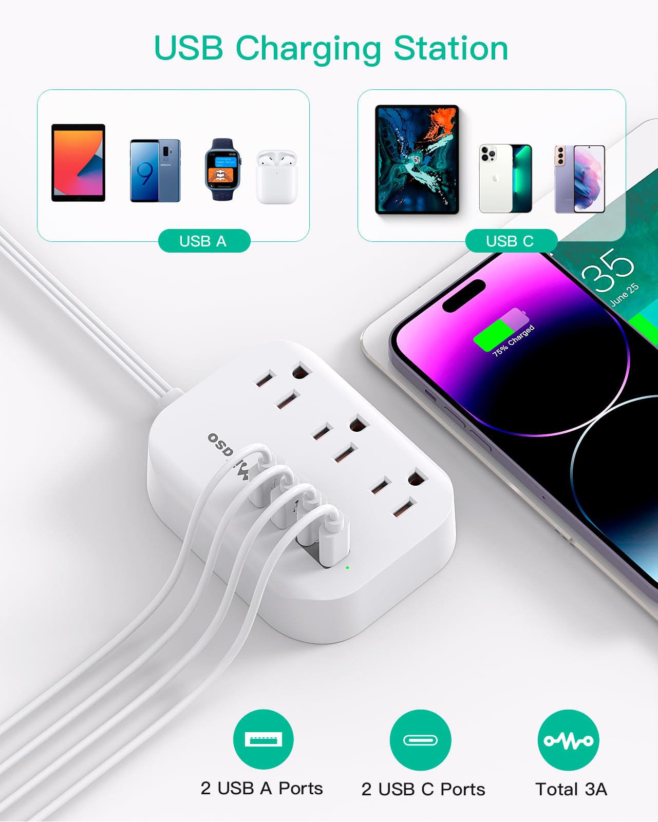 Mifaso 5Ft Power Strip with 4 USB Ports