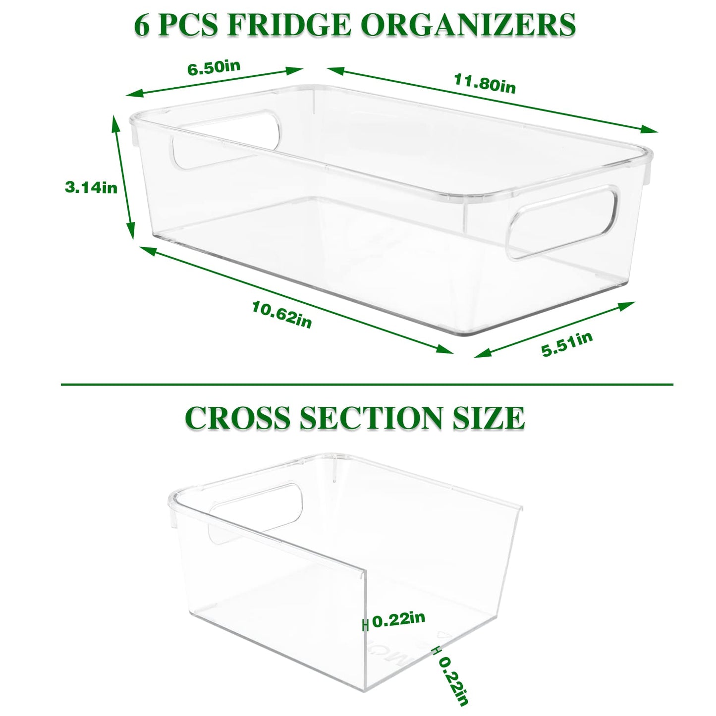 Yaseingoo 6-Pack Refrigerator Organizer Bins Set, Clear Fridge Organizer Bins - Clear Pantry Storage Bins with Handles for Kitchen, Bathroom, and Home Organization, BPA-Free and Food Safe