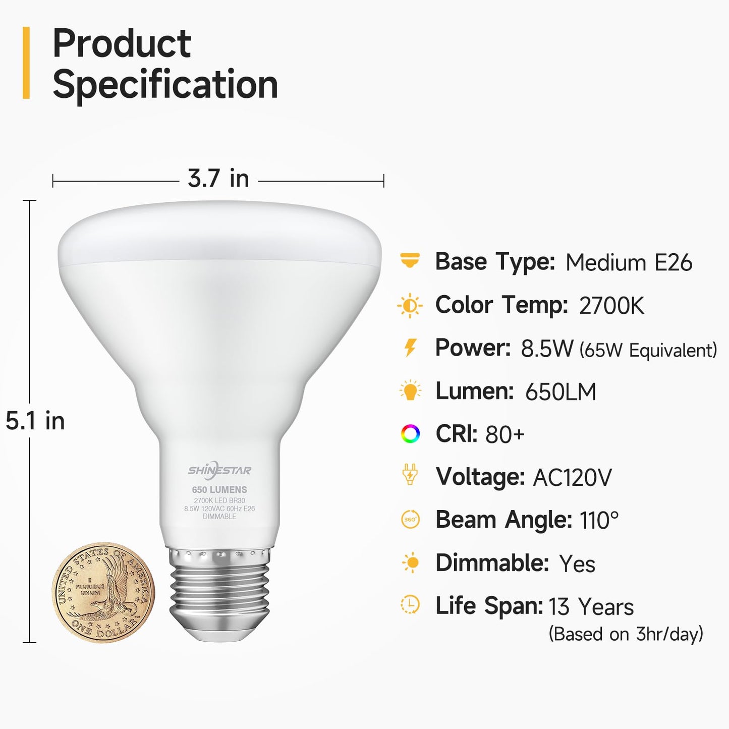 4-Pack SHINESTAR Dimmable LED Recessed Light Bulbs