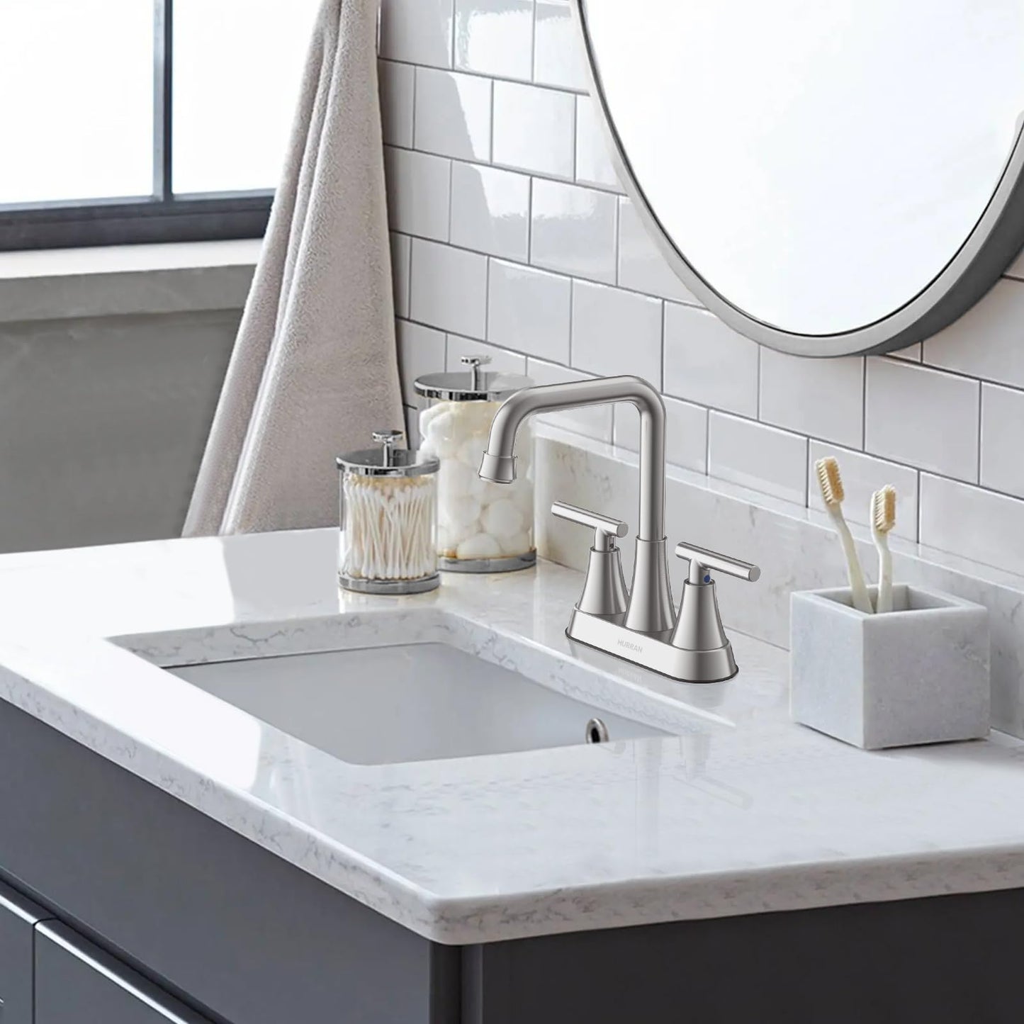 Bathroom Sink Faucet, Hurran 4 inch Brushed Nickel Bathroom Faucets for Sink 3 Hole with Pop-up Drain and Supply Lines, Stainless Steel 2-Handle Centerset Faucet for Bathroom Sink Vanity RV Restroom