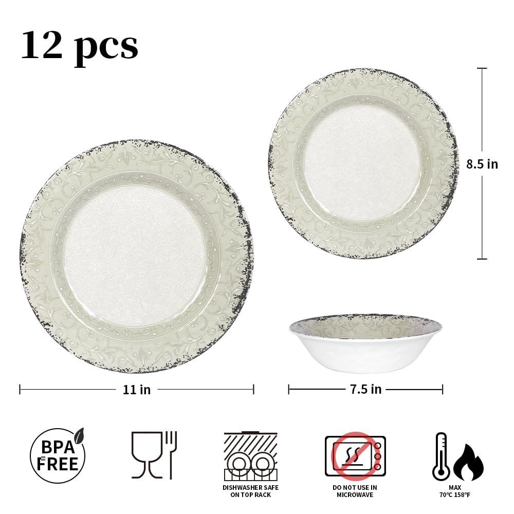 Melamine Dinnerware Sets,12Pcs Kitchen Plates And Bowls Sets, Dish Set For 4, Indoor And Outdoor Use,Dishwasher Safe, Break-Resistant, Classical Flower