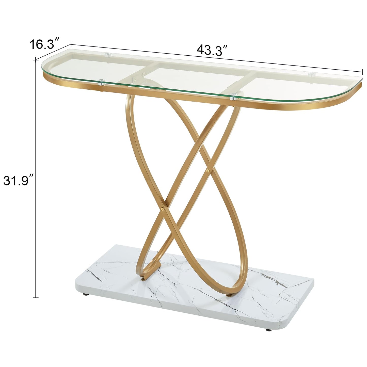HOMBAZAAR Modern Entryway Table, Glass Entrance Sofa Table with Oval Frames and Marbling MDF Base, Chrome Glass Console Table for Living Room, Entryway, Hallway, Bedroom,(Gold,Clear Glass)