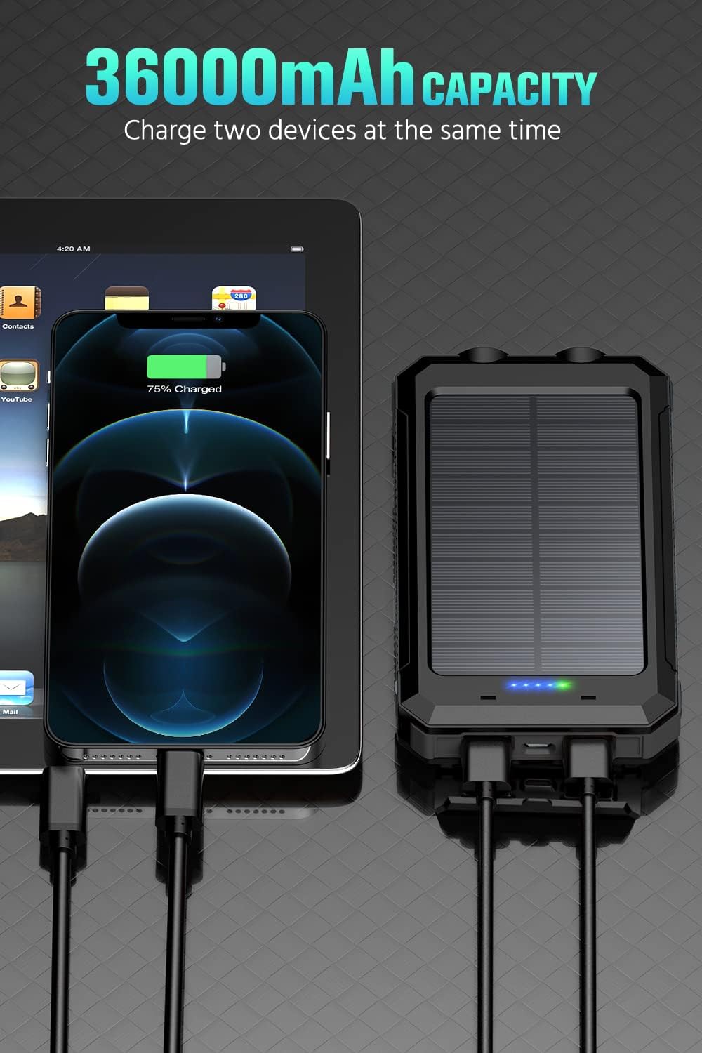 Feeke 36800mAh Solar Power Bank with Flashlight