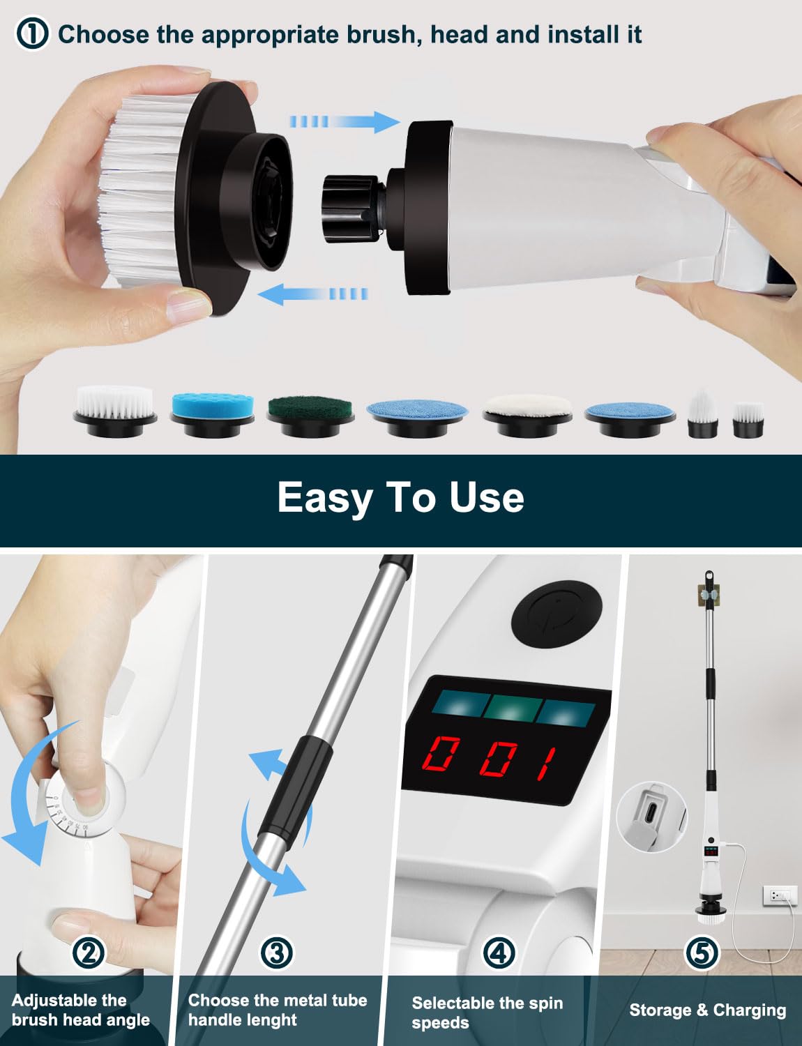 Cordless Electric Spin Scrubber with Adjustable Angle