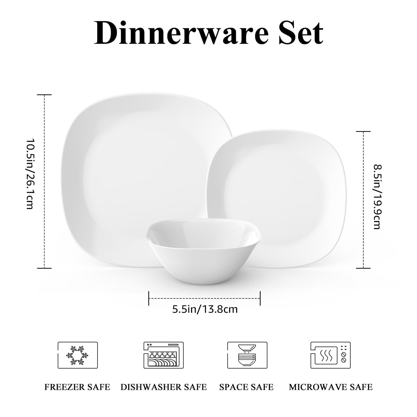 Dinnerware Set, MEKY 18-piece Opal Dishes Sets Service for 6,Square Plates and Bowls Set-White