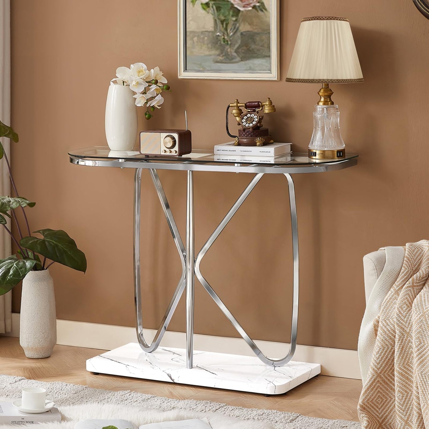 HOMISSUE Console Table, Modern Console Table with Tempered Glass Top and Chrome Frame, Glass Entryway Table with Marbling MDF Base, Chrome Console Table for Entryway, Hallway, Living Room (Silver)