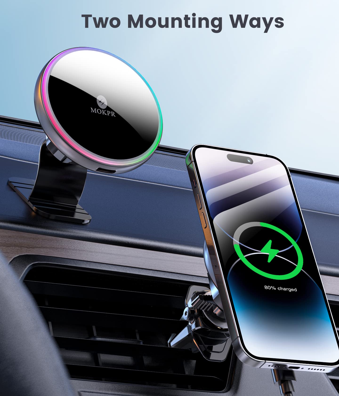 MOKPR for Magsafe Car Mount Charger-15W Wireless Car Charger-Magnetic Car Phone Holder for Dash Air Vent-LED RGB HandsFree Car Mount Fast Car Charger for iPhone 15/14/13/12 Series
