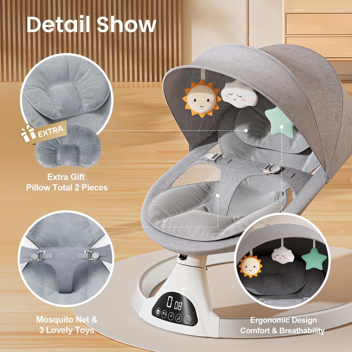 Electric Baby Swing with Bluetooth & Lullabies