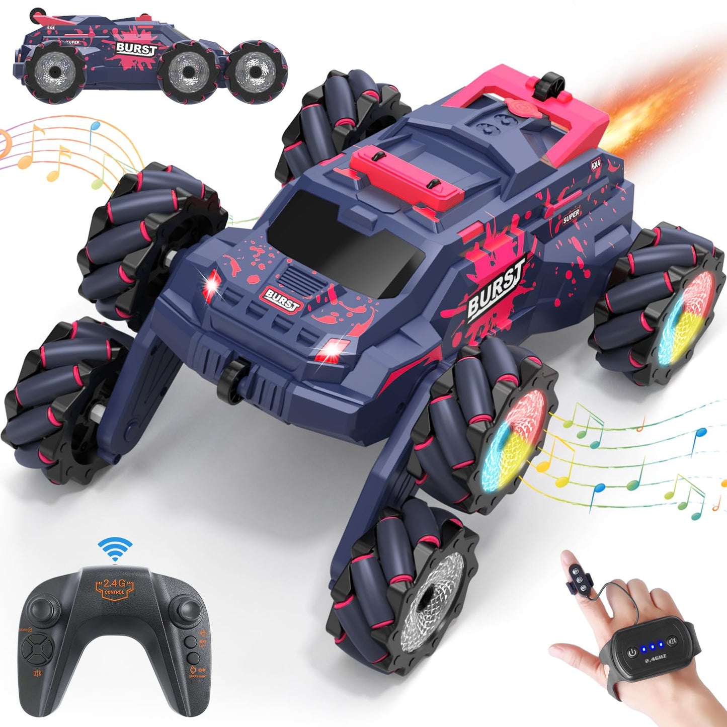 Remote Control Car for Kids, Gesture Sensing RC Stunt Car with Spray Fog Steam 2.4GHz 4WD Toy Cars 360° Rotation Drift Hand Controlled Remote Control Cars with Lights Music for 6-12 yr Boys Girls Red
