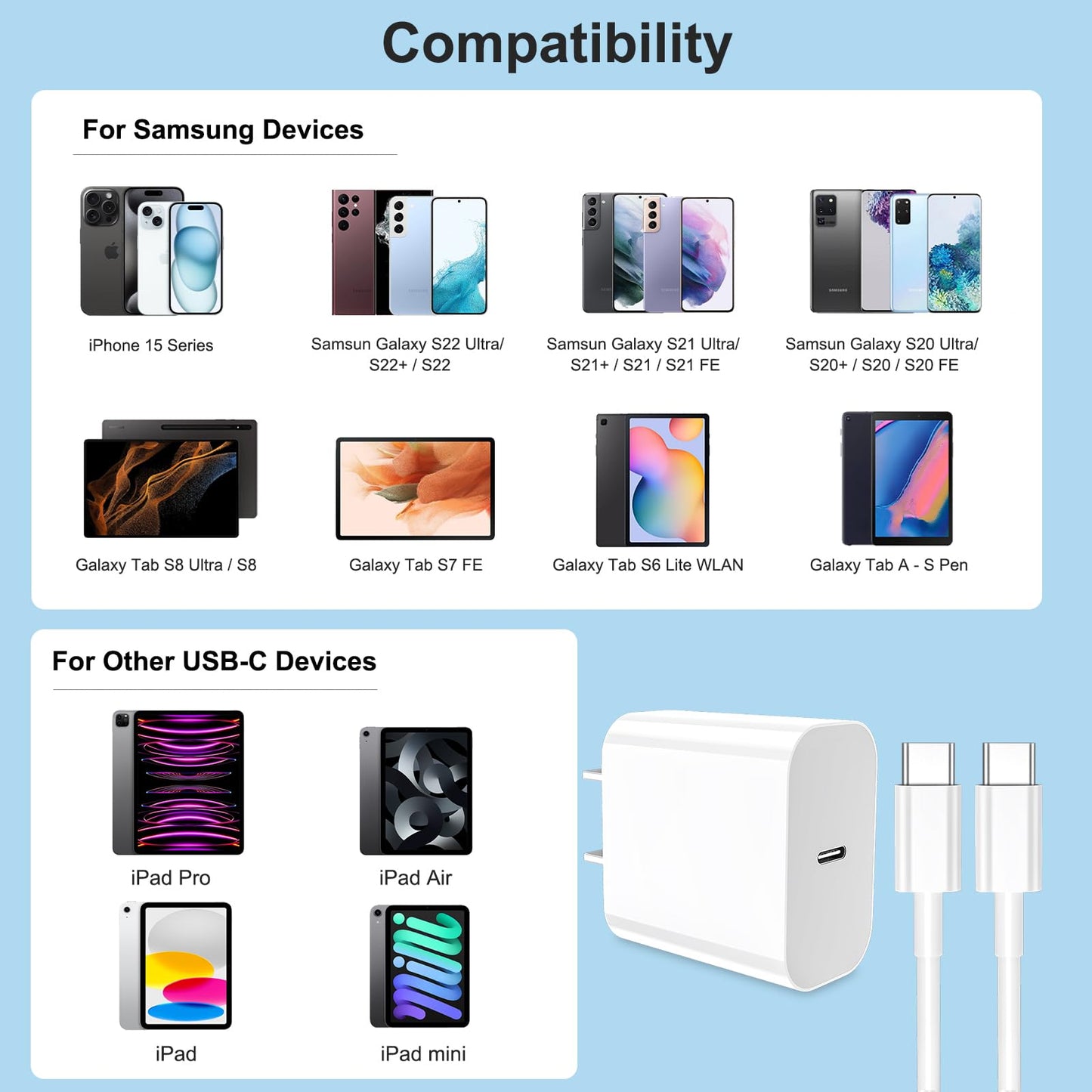 iPhone 16/15 USB-C Fast Charger, 20W + 60W 10FT Cable for iPhone 16/15/Plus/Pro/Max, iPad Pro 12.9/11, Mini 6, Air4