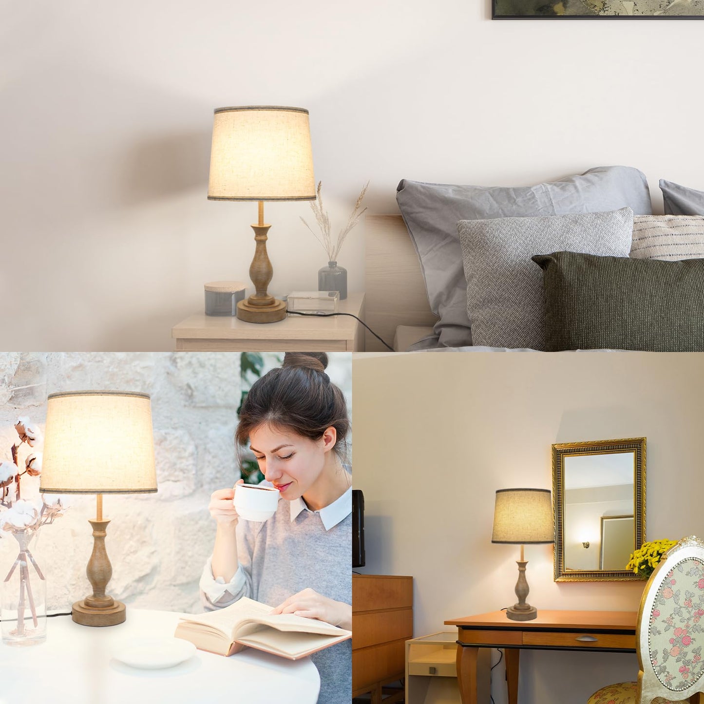 Touch Lamps for Bedrooms Set of 2, Farmhouse Table Lamp with Dual USB Charging Ports, 3 Way Dimmable Nightstand Lamps with Linen Fabric Lampshade for Bedroom, Living Room (Pack2-01A)