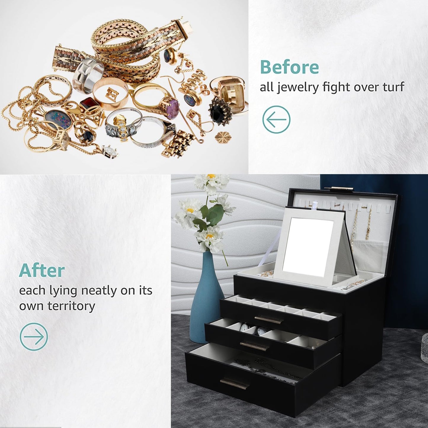 BOOVO 4 Layer Jewelry Box for Women, Jewelry Organizer Box with Necklace Hooks, 3 Drawers White Jewelry Box for Sunglasses, Necklace and Bracelet Storage (Black)