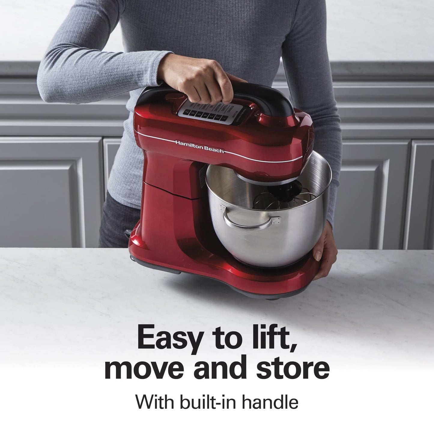 Hamilton Beach Electric Stand Mixer, 4 Quarts, Dough Hook, Flat Beater Attachments, Splash Guard 7 Speeds with Whisk, Red